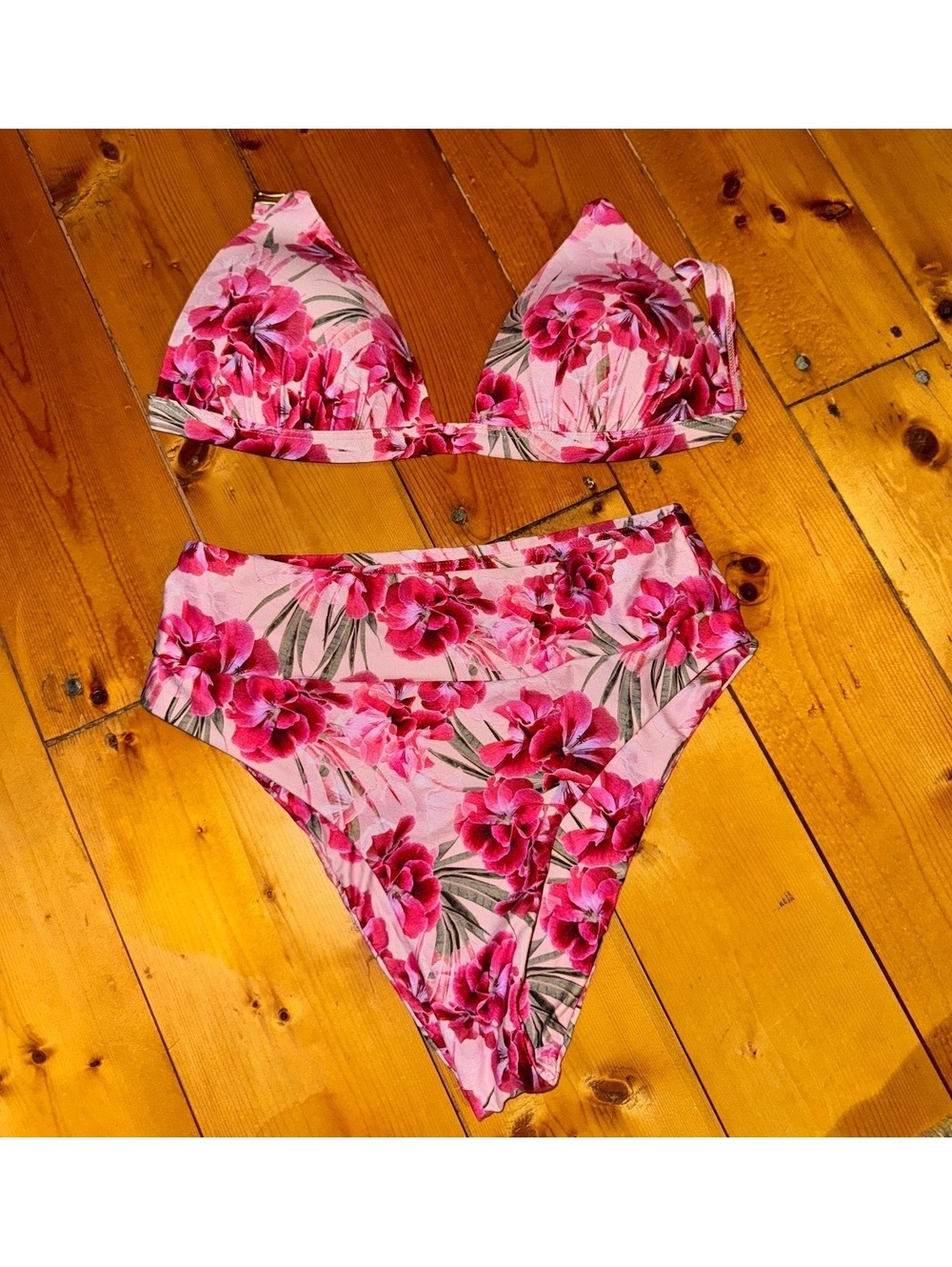 Pink floral bikini set with skirted bottom